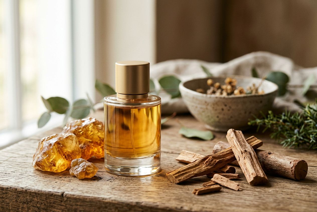 Amber and sandalwood perfume with warm woods and resin