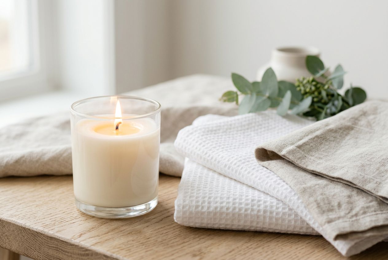 Clean cotton soy candle with soft white linen