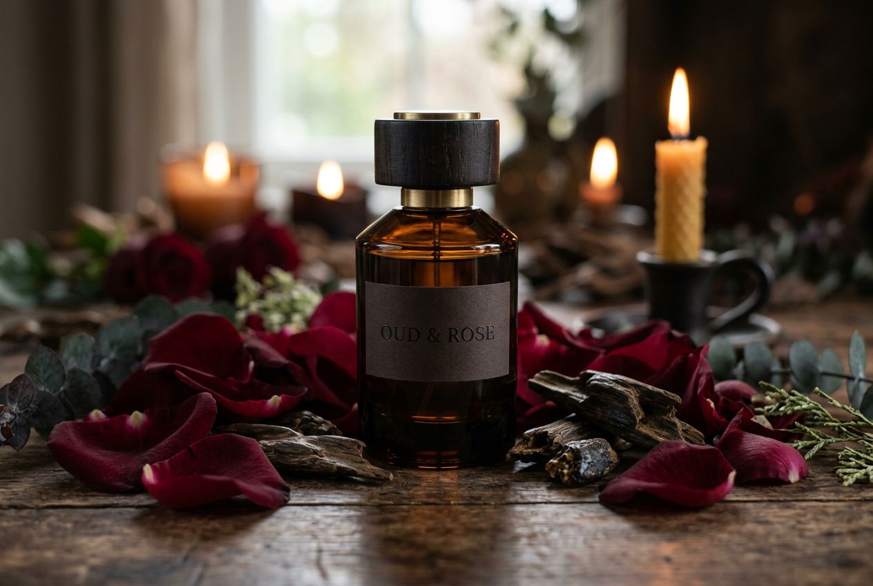 Rose and oud perfume with dark woods and rose petals